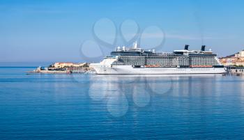  White luxury cruise ship moored in Ajaccio port, Corsica island, France