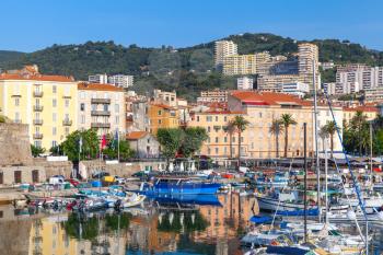 Moored yachts and pleasure boats in old port of Ajaccio, South Corsica, France