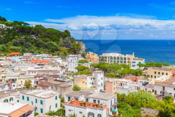 Coastal landscape of Lacco Ameno resort town. Ischia, Italy. Mediterranean Sea coast