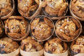 Traditional French cookies with nuts lay packed in the bakery