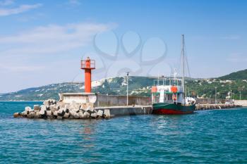 Entrance pier in port of Balchik. Coast of the Black Sea, Varna region, Bulgaria