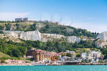 Summer cityscape with public beach of Balchik town, Black Sea coast, Varna region, Bulgaria