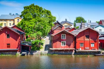 Historical Finnish town Porvoo. Old red wooden houses on river coast