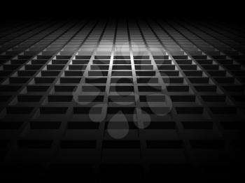 Abstract black shining digital interior background with square relief pattern on floor, 3d illustration