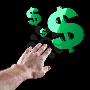 Green shiny USA dollar sign and man's hand over black background