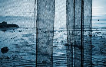 Fragment of a fishing net above coastal sea landscape. Monochrome stylized photo