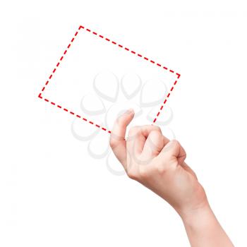 Female hand with the white red virtual card isolated on white background