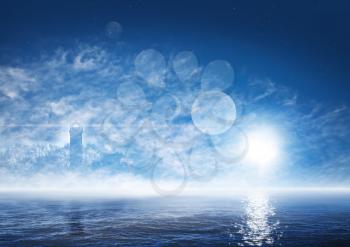 Beautiful landscape of fantasy world with foggy ocean, ghostly lighthouse, sun, planets and stars on the deep blue sky
