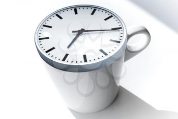 Coffee break metaphor. White ceramic cup with modern clock on top