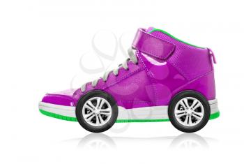 Violet Sport shoe with wheels isolated on white, speed concept