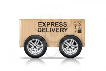 Cardboard box with standard signs and Express Delivery label on automotive wheels isolated on white background