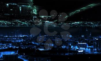 Abstract illuminted modern night city concept background. Blue toned photo collage