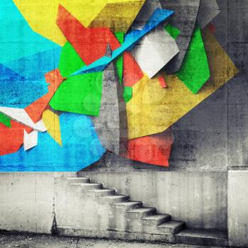 Stairway and abstract graffiti fragment on the wall. Photo collage with 3d illustration elements