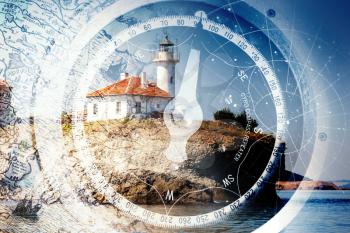 Old ships navigation background with old nautical compass, lighthouse building on the rock and ancient maps