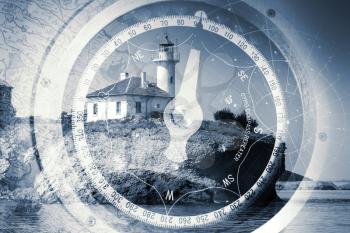 Old ships navigation monochrome multi exposure background with old nautical compass, lighthouse building on the rock and ancient maps
