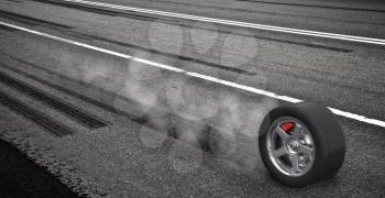 Emergency braking wheel with smoke on the highway. 3d render illustration.