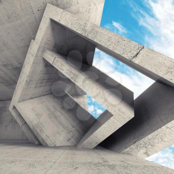 Concrete room interior with chaotic cubic structures and blue cloudy sky outside. Abstract architecture background, 3d illustration