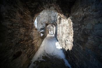 Old stone fortress dark stone tunnel perspective