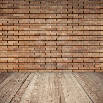 Red brick wall and wooden floor, detailed empty interior background texture