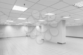 Open space, abstract white empty office interior with walls, lights and column