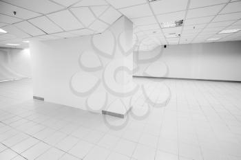 Open space, abstract empty office interior with white walls, lights and column