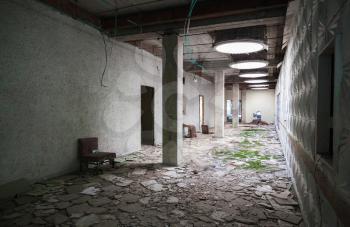 Abandoned industrial building interior. Green moss grow under round illumination holes in ceiling 