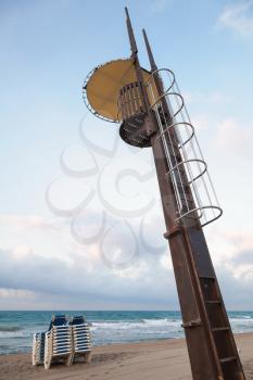 Rescue tower on the beach of Calafell resort town, Tarragona region, Catalonia, Spain