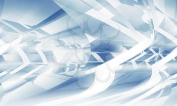 Abstract digital background with blue chaotically bent light structures, 3d illustration