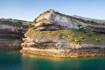 Bay of Bonifacio, coastal landscape, mountainous Mediterranean island Corsica, Corse-du-Sud, France