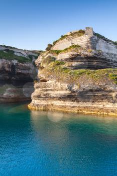 Bay of Bonifacio, vertical coastal landscape, mountainous Mediterranean island Corsica, Corse-du-Sud, France
