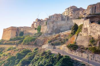 Bonifacio citadel in warm morning sunlight, mountainous Mediterranean island Corsica, Corse-du-Sud, France