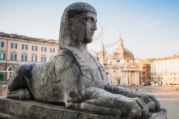 Ancient statue of Sphinx on Piazza del Popolo, Rome, Italy