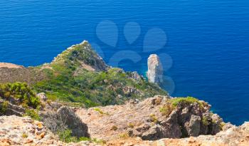 Landscape of French Mediterranean island Corsica. Corse-du-Sud, Piana region. Coastal Rocks and sea in a summer day