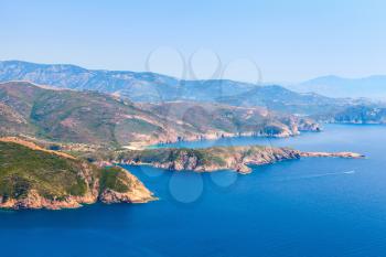 Landscape of French Mediterranean island Corsica. Corse-du-Sud, Piana region. Coastal Mountains and sea in a summer day