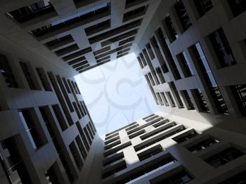 Abstract modern architecture. Dark inner courtyard of tall modern office tower. 3d render illustration