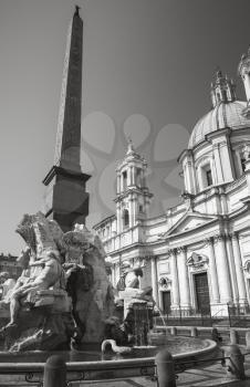 Monochrome photo, Fountain of the Four Rivers in the Piazza Navona in Rome, Italy