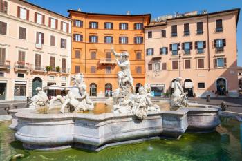 Piazza Navona, Neptune Fountain in summer day. Rome, Italy