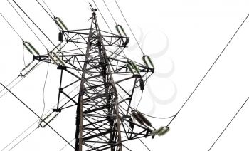 High voltage power lines and big pylon isolated on white