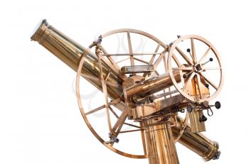 Old large vintage shining brass telescope isolated on white