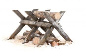 Rural object above white background, sawing log on wooden stand on white background