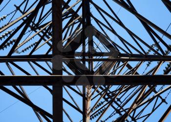 Looking up on steel high voltage pylon