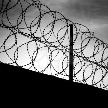 Barbed wire on dark fence. Monochrome shilouette photo