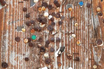 Empty vintage ad wooden billboard texture with rusted pushpins
