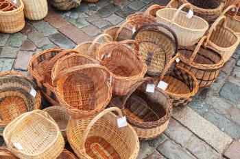 Row of handmade baskets on the street market place