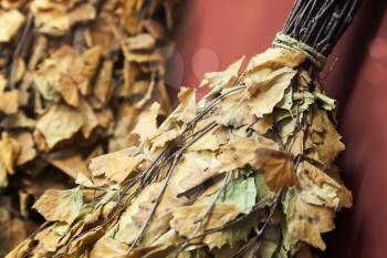 Closeup photo of dried birch twigs, Russian sauna accessories