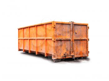 Big metal orange trash container isolated on white