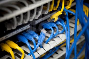 Large network hub and connected blue and yellow cables. Selective focus