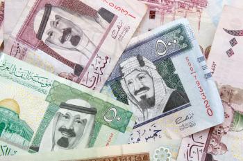 Modern Saudi Arabia money, banknotes close up background photo texture