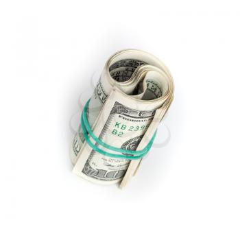 United States dollars, roll of hundred USD banknotes with green rubber on white background. Selective focus