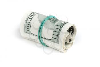United States dollars. Roll of hundred USD banknotes with green rubber on white background. Selective focus
